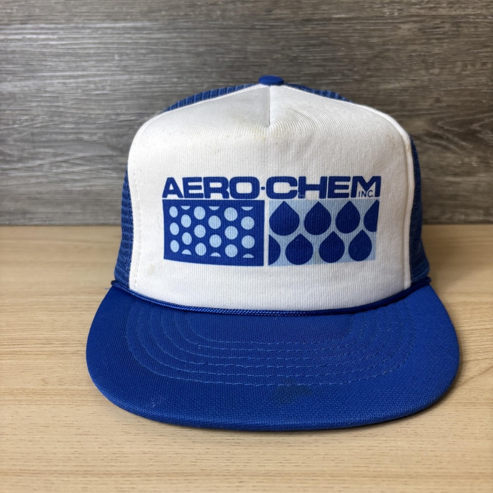VINTAGE AERO-CHEM INC Hat Cap Snap Back Blue White Trucker Advertising Mens 80s